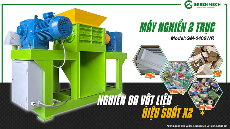 Máy nghiền 2 trục nghiền giấy carton, phế liệu GREEN MECH