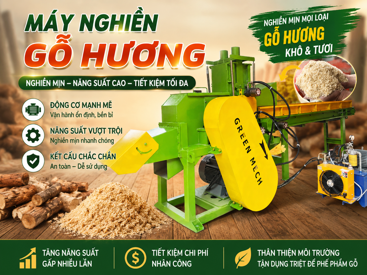 Máy nghiền gỗ hương GREEN MECH: Công nghệ thân thiện môi trường cho ngành gỗ bền vững