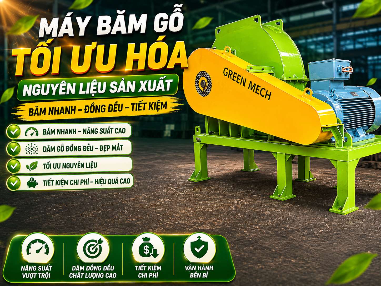 Máy băm gỗ tối ưu hóa nguyên liệu sản xuất bằng cách tận dụng triệt để gỗ thừa, giảm lãng phí và nâng cao hiệu quả trong toàn bộ dây chuyền chế biến