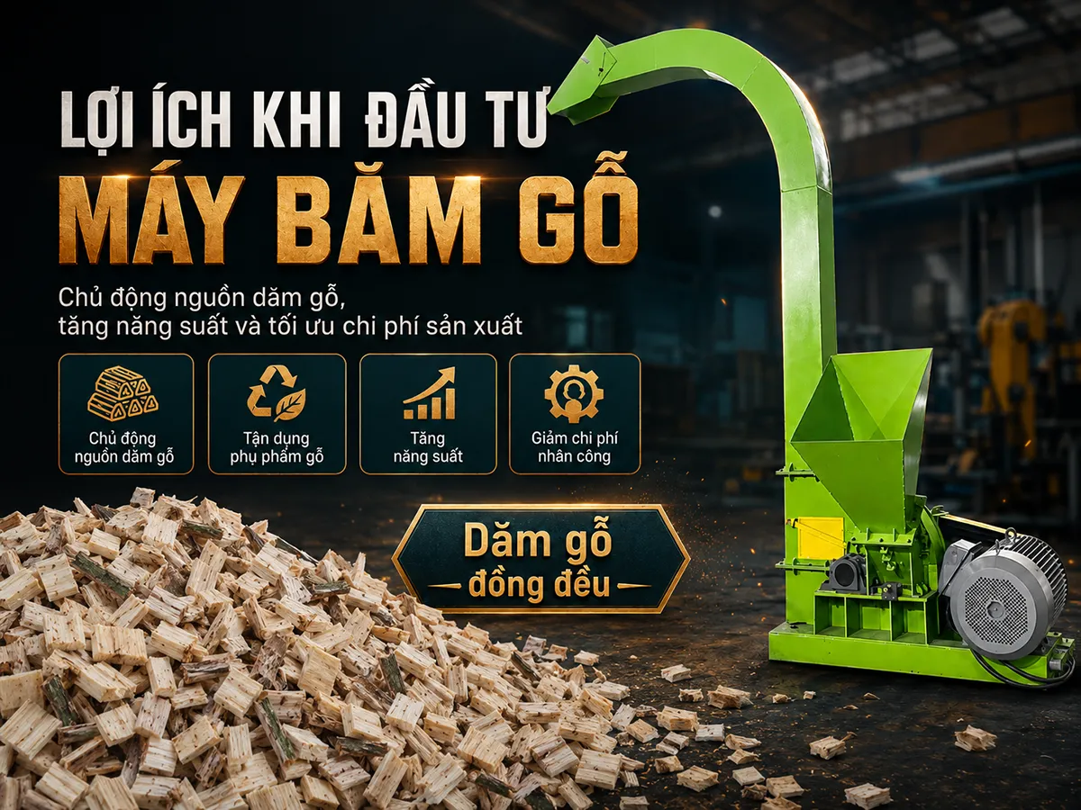 Lợi ích khi đầu tư máy băm gỗ thể hiện rõ ở khả năng xử lý nhanh gỗ tạp, cành cây và phụ phẩm lâm nghiệp, giúp doanh nghiệp chủ động tạo nguồn dăm gỗ ổn định cho sản xuất.