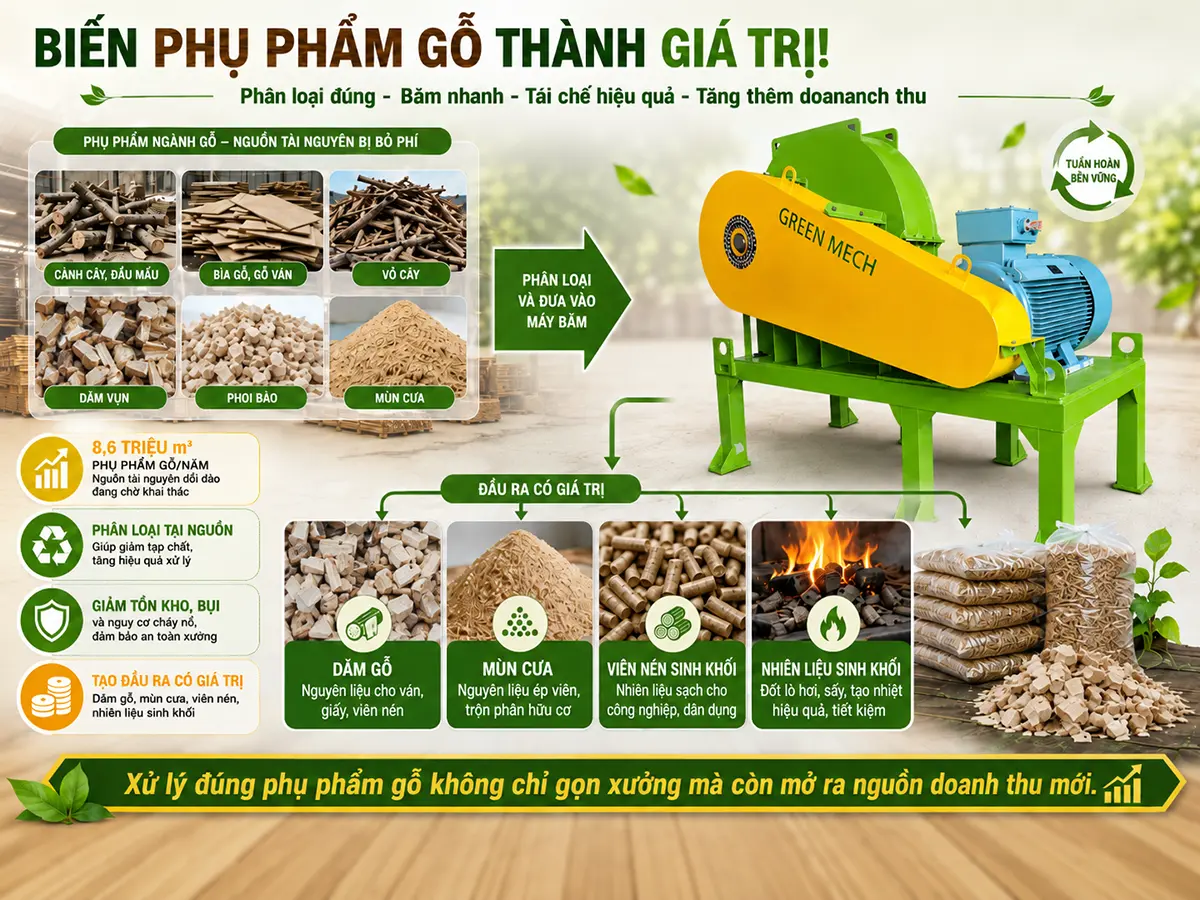 Giải pháp xử lý phụ phẩm ngành gỗ giúp biến đầu mẩu, cành cây và gỗ vụn thành nguồn nguyên liệu có giá trị.