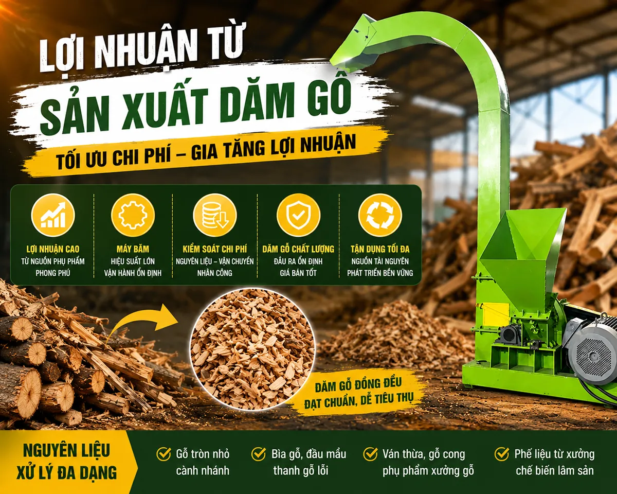 Lợi nhuận từ sản xuất dăm gỗ phụ thuộc vào nguồn nguyên liệu, công suất máy và đầu ra thành phẩm.