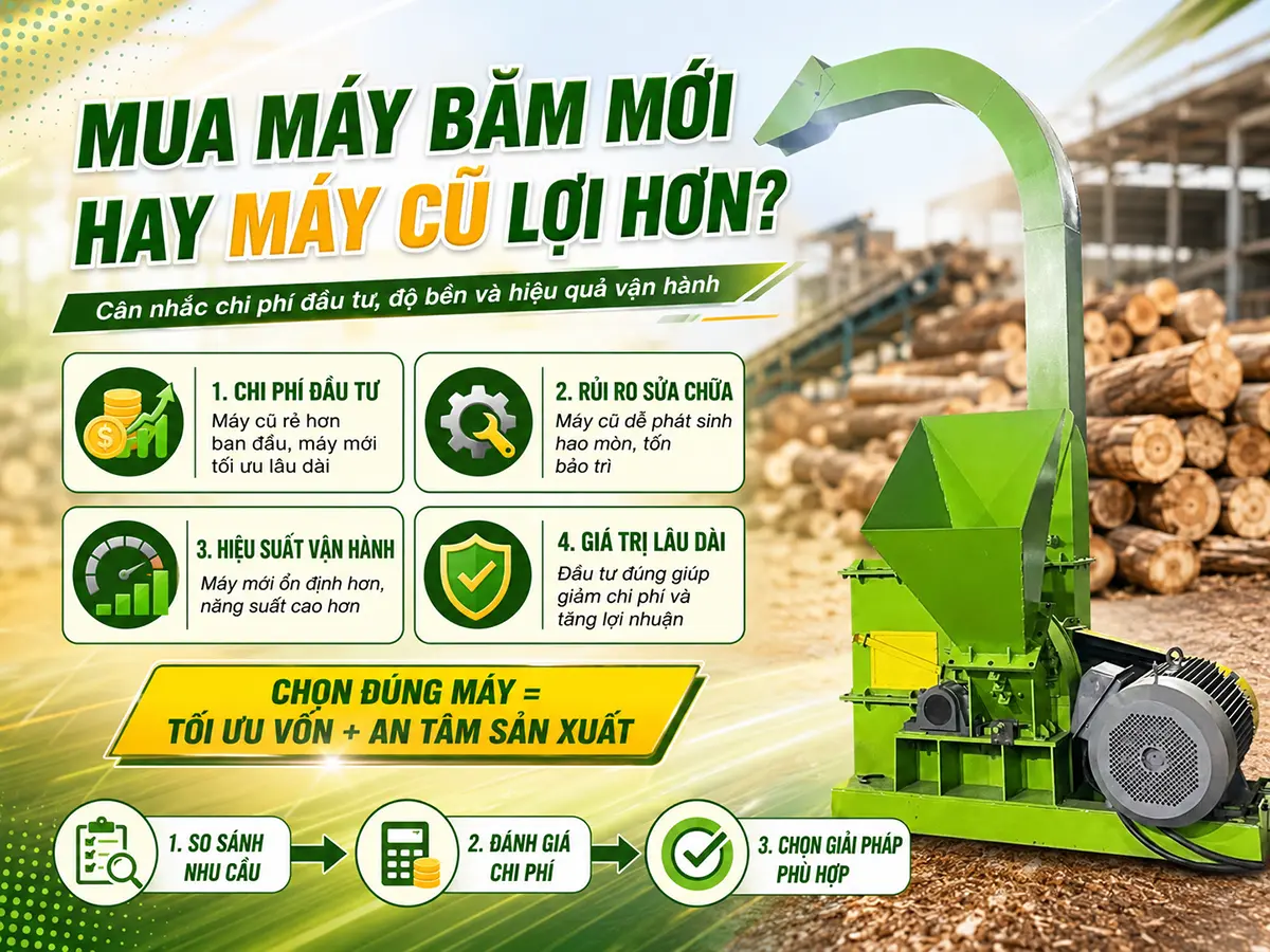 Mua máy băm mới hay máy cũ lợi hơn cần xét cả giá đầu tư, chi phí sửa chữa và hiệu quả vận hành lâu dài.
