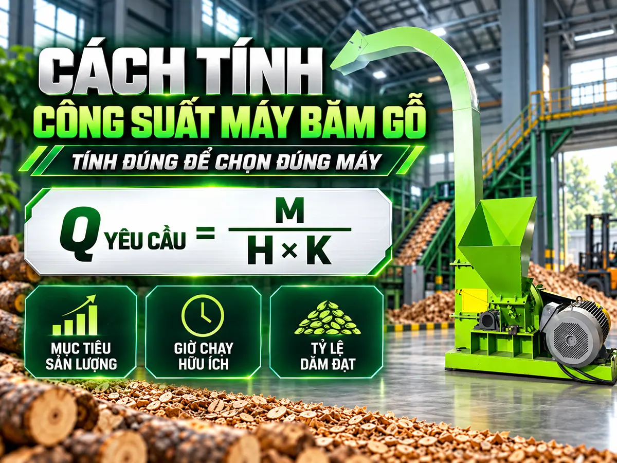 Cách tính công suất máy băm gỗ theo sản lượng, giờ chạy hữu ích và tỷ lệ dăm đạt yêu cầu, kèm công thức và ví dụ lập kế hoạch.